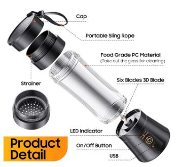 USB Rechargeable Juicer Blender 6 Blades Electric Blender Mini Portable Personal Size USB Rechargeable Mixer 380ml Food Grade Water Bottle Portable Fruit Juicer Machine (Double Click Start) By Bee To Door